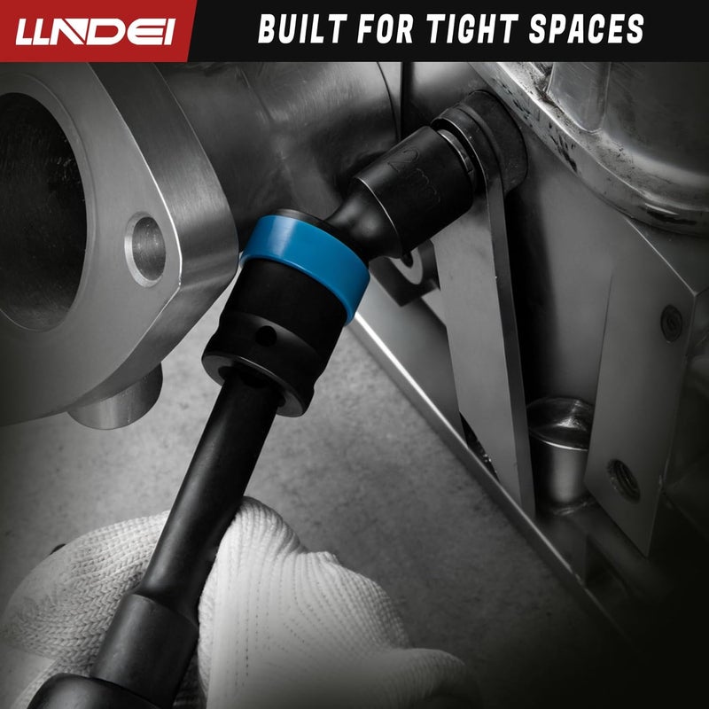 LLNDEI 27Pcs 3/8" Drive Swivel Impact Socket Set, CR-MO Swivel Socket Set Metric(8-22mm)& SAE(5/16-3/4),6 Point Wobble Socket Set with Ratchet Wrench, Extension Bar and Adapters. - Image 5
